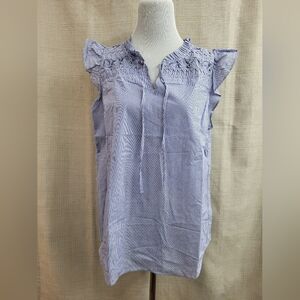 Talbots Women's Blue White Striped Blouse Flutter Sleeve Ruching Size Large NWT